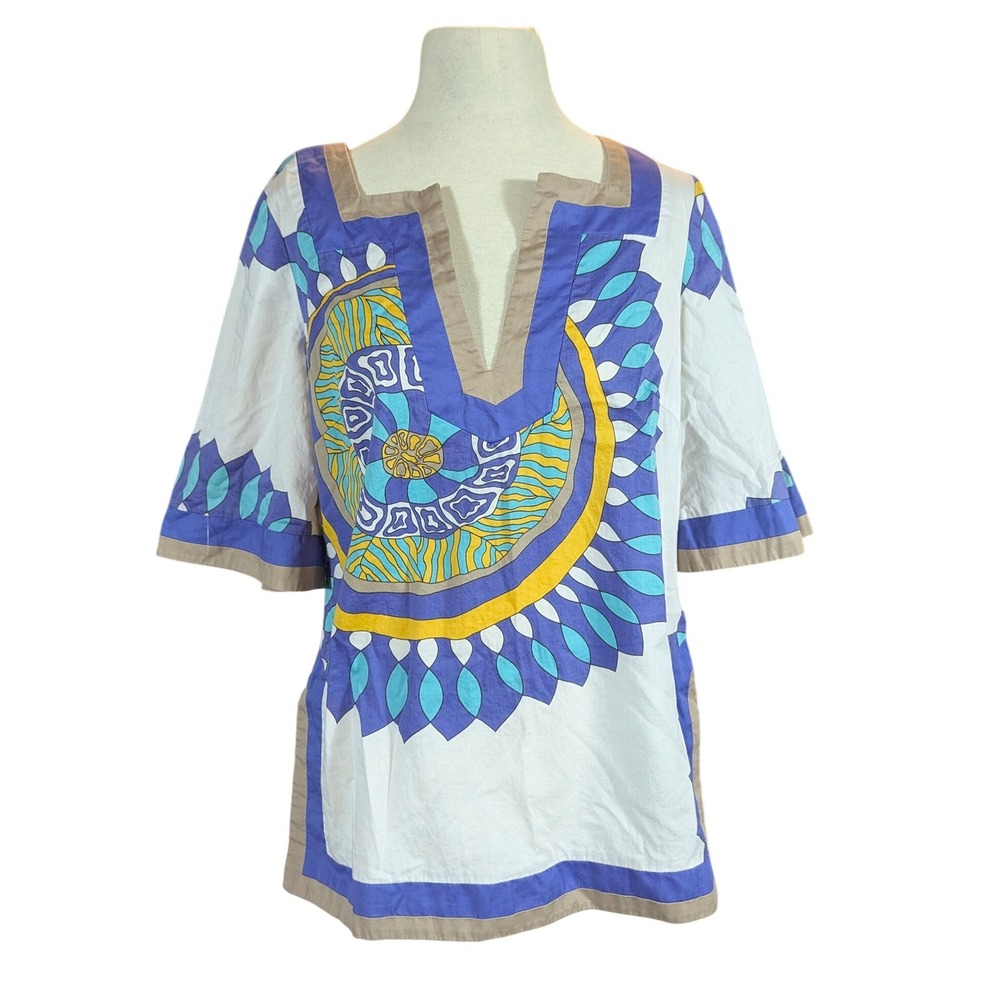 Trina Turk Tunic Women 6 White Blue Medallion Print‎ Cotton Boho Notched Top